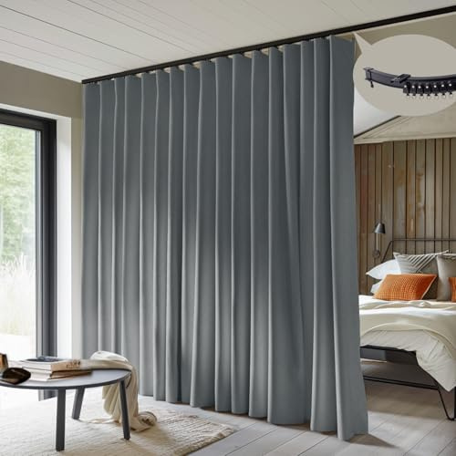 MaKefeile Room Divider Curtains with Flexible Ceiling Curtain Tracks Set,100% Blackout Floor to Ceiling Curtains Patio Sliding Door Curtains (Dark Grey Drape & Black Rail W 8.3 × H 7 FT)