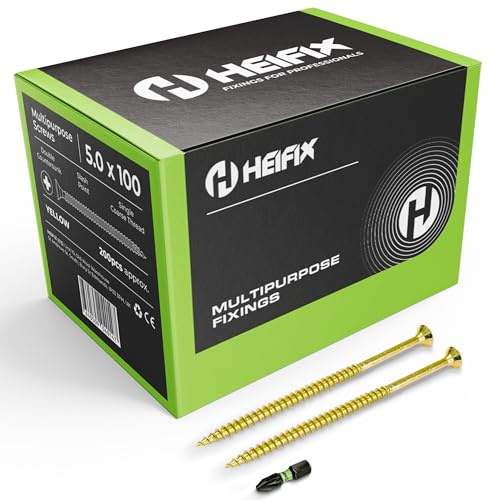 Heifix Multi-Purpose Pozi Wood Screws - 5 x 100mm, 200 QTY, FREE Screw Bit | Multi-purpose Wood Screws For Timber, DIY And General Fixing. Double Countersunk Pozi Design With FREE Matching Screw Bit.
