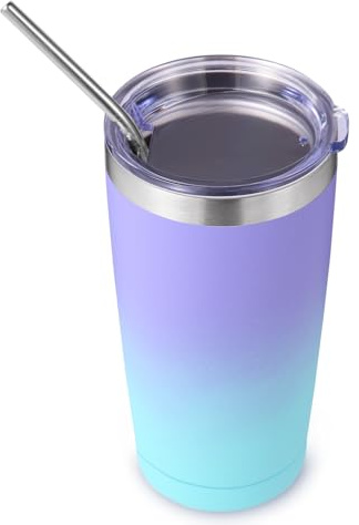 Volhoply 20oz 550ml Travel Insulated Tumbler with Lid and Straw, Double Wall Insulated Travel Ice Coffee Mug Fits Cup Holder,Powder Coated Cups for Hot & Cold Drinks, BPA Free（Purple Bule,1 Set）