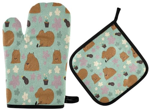 Ofenhandschuhe Capybara Mit Rosa Blumen Frühling Kochhandschuhe Anti-Rutsch Grillhandschuhe Waschbare Topfhandschuhe Für Grillen Kochen Barbecue