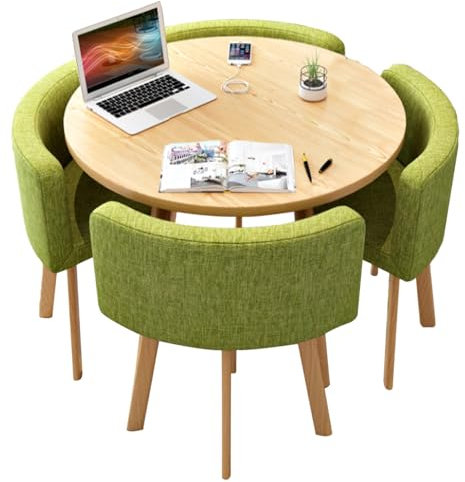 Runde Konferenztisch-Set mit Holzmaserung, für 4 Personen, mit gepolsterten Stühlen, ideal für Café, Bibliothek, Büro, Schönheitssalon, Baumwolle und Leinen, 90 cm, stilvolle und funktionale