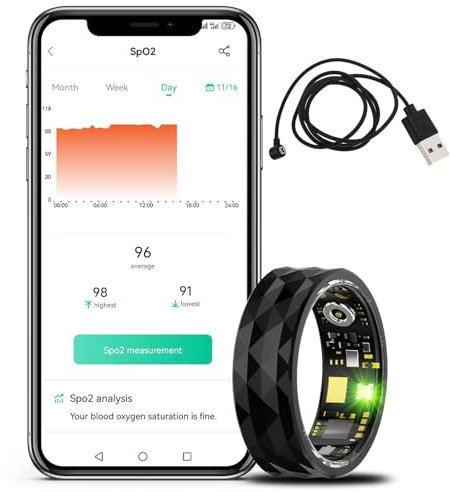 Anello Smart, cardiofrequenzimetro Anello per la pressione sanguigna Tracker del sonno Contatore calorie Anelli fitness impermeabili Fotografia con telecomando(Black,19.8 mm)