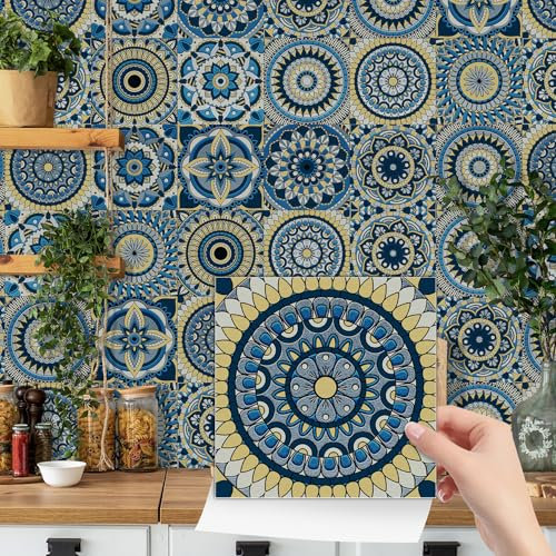 WOTZOV Tile Stickers 10X10 CM Navy Blue Kitchen Tile Stickers for Bathroom Stick on Wall Tiles Backsplash for Kitchen Stick on Tiles Self-Adhesive Vinyl Home Decoration,64PCS
