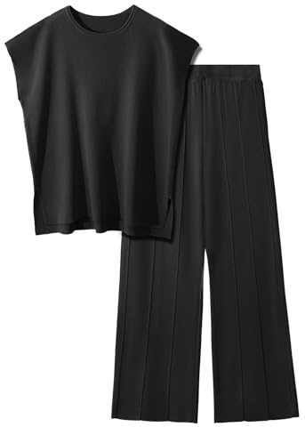 UMIPUBO Conjuntos Punto Mujer Verano 2 Piezas Casual Chandal Manga Corta Camiseta de Manga Corta Y Pantalones con Bolsillos Cómodo Pijama Moda Chándal Color Sólido Primavera (Negro, L)