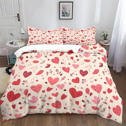 Generico Bedding Set Copripiumino 220x230cm 3D Stampa Reticolo Del Cuore Disegnato A Mano Morbida Microfibra Ipoallergenico Biancheria da Letto Set 3 Pezzi con Chiusura a Cerniera e 2 federe Cuscino