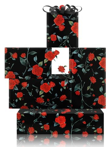 Blumen-Geschenkpapier, Valentinstags-Geschenkpapier, 4 Bögen mit roten Rosen-Motiven für Freundin, Ehefrau, Tochter, Geliebte, für Valentinstag, Brautparty, Verlobung, Hochzeit, Muttertag, Jahrestag