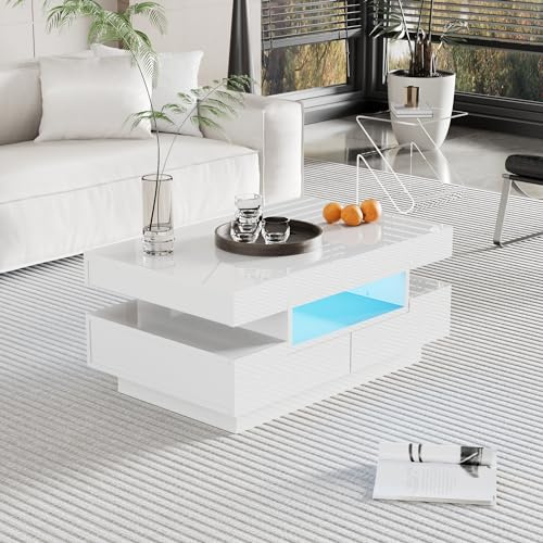 Merax Couchtisch Weiß Hochglanz, Wohnzimmertisch mit 16-Farbiger LED Beleuchtung, Beistelltisch Weiss mit Offenem Stauraum und 4 Schubladen, 80x50x36cm