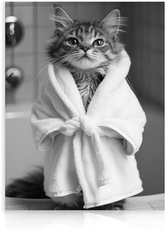 Dazzlewall Lustige Katze Badezimmer Wandbilder, Niedliche Katze in Bademantel Schwarz Weiß Tier Leinwand Bilder für Badezimmer Toilette Deko 30×40 cm Ungerahmt