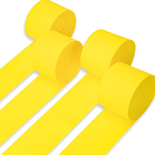 Crepe pappersströmmar 4 rullar 100 m, paket med crepapper för festdekorationer, bröllopsdekorationer, födelsedagsdekorationer, babyshower dekorationer (4,8 tum x 9,8 tum/rulle) (gul)