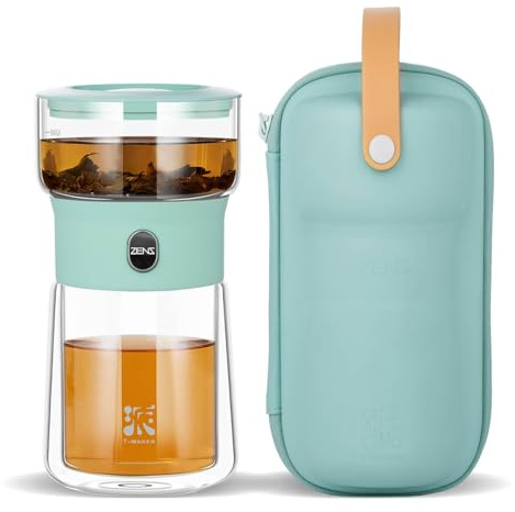 ZENS Modern Glass Infuser Teapot, Small One Touch Tea Pot Infusers for Loose Tea Diffusers, Magic Gongfu Tea Pot with 200ml Insulated Cup and Portable Carry Case for Tea Lovers Gifts