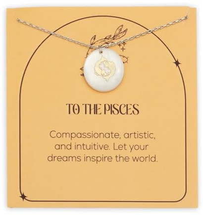 LINYUM Zodiac Sign PISCES Necklace – Mother of Pearl Pendant – Available in Two Finish 925 Sterling Silver and 14K Gold Plated – Adjustable Chain – Horoscope Jewelry Gift with Zodiac Card & Gift Box