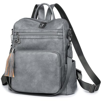 SONARIN Vintage Mode Sac à Dos Femme,Grande Capacité PU Sac à Dos Loisir pour Dame Sacs d'École Cartable Filles,Sacs à Bandoulière Convertible pour Voyage Travail Collège(Gris)