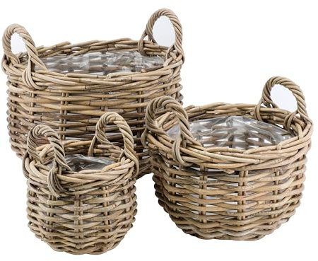 Klocke Dekorationsbedarf Rattan Pflanzkörbe/Pflanzkübel 3er Set - mit Folie (D22/30/37cm H16/21/25cm)