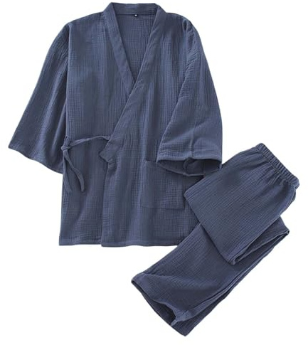DUHENWU Conjunto de pijama de mujer de dos piezas, estilo kimono japonés, de algodón, pijama cómodo, de una sola pieza, traje de casa suelto, transpirable, ropa de dormir, O Gris Oscuro, M