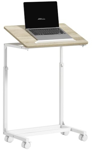 HOMCOM Mesa Auxiliar con Ruedas Altura Ajustable 55x36x62,5-82,5 cm Roble | Mesa para Sofá, Superficie Inclinable, Marco de Metal, para Dormitorio Salón Oficina