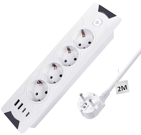JACEPFY 8-IN-1 Einbausteckdose mit USB, 4-Fach Tischeinbau Steckdosenleiste 2 USB-A und 2 Type-C, Tischplatte Versenkte Steckdose mit Schalter und 2M Kabel, Weiß