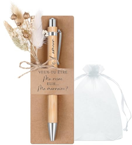 Hestya 1 Set Geschenk für Patentante, Veux Tu Devenir Ma Marraine, Patentante Fragen Karte, Holz Kugelschreiber, Getrocknete Blume, Organzasäckchen