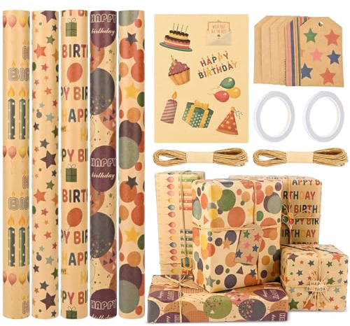 5 Rollen Geschenkpapier Geburtstag, 43 cm x 300 cm Kinder Geschenkpapier, Kraftpapier Rolle Geschenk mit Hanfseil, Klebeband und Karte, 5 Stile Wrapping Paper für Geburtstag Hochzeit Valentinstag