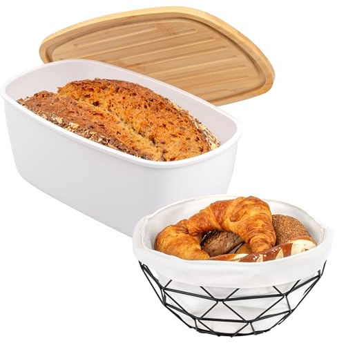 eluno Set di 2 contenitori per il pane ovale in plastica bianca e cestino per il pane in metallo con rivestimento in tessuto lavabile, ideale per pane, frutta, verdura e snack