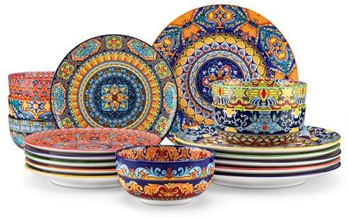Service de Vaisselle 6 Personnes en Céramique, vancasso KRVI 18 Pièces Porcelaine Moderne, Service de Table Style Bohémien, Ensemble Assiettes et Bols, Service Combiné Coloré