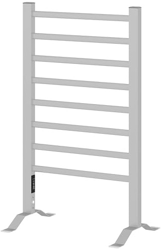HOMCOM Calorifero Scaldasalviette da Terra o Parete 150W 53x35x90cm Argento | Porta Asciugamani Riscaldato Elettrico per Bagno, Lega di Alluminio, 8 Barre, Timer da 2 o 4 Ore, Resistente all'Acqua