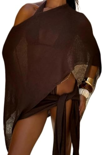 Barbotimer Womens Sheer Knit Poncho Off Shoulder Solid Color Asymmetrical Shawl Wrap Top Y2k Boat Neck See Through Knitted Cover Ups (A-Dark Brown, One Size)
