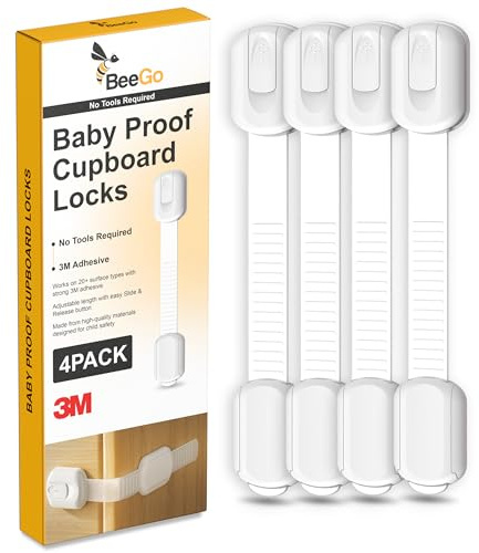 BeeGo® Child Safety Cabinet Locks (4 Pack) – Adjustable Baby Proof Cupboard, Drawer & Fridge Straps | 3M Adhesive No Drill Child Locks for Kitchen & Toilet | White