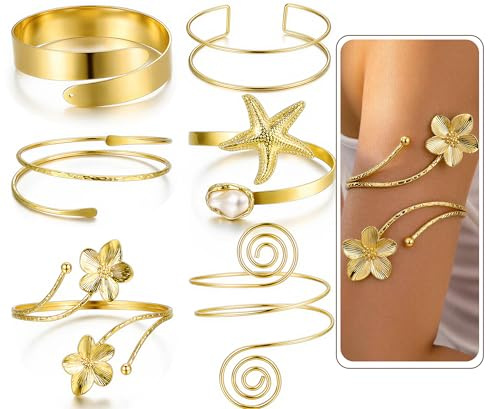17KM 6PCS Gold Arm Cuff Bracelets for Women, Boho Statement Gold Upper Arm Bangle Band Armlet, Open Adjustable Cuff Bracelet set Stackable Jewelry