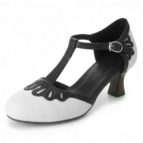 Pumps Mary Jane vintage T-rem klack trigger rund tå tvåfärgad brogue utskärningar klänning skor retro åskådare domstol klackar för fest och vintagekläder, Vit, 47 EU