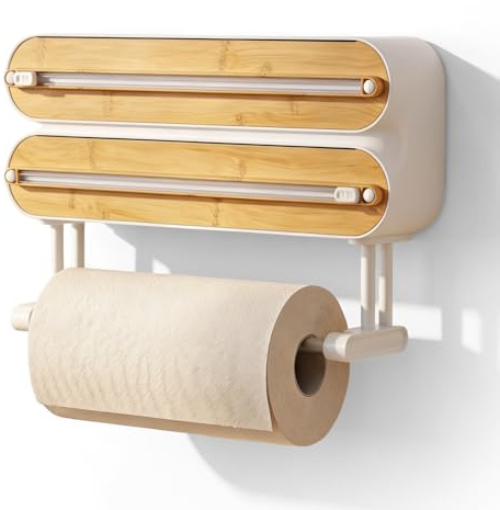 3 in 1 Cling Film Dispenser with Cutter, Magnetic Cling Film Dispenser with Kitchen Roll Holder, Aluminium Foil Dispenser Cling Film, Kitchen Roll Holder Without Drilling, Wall Roll Holder Kitchen