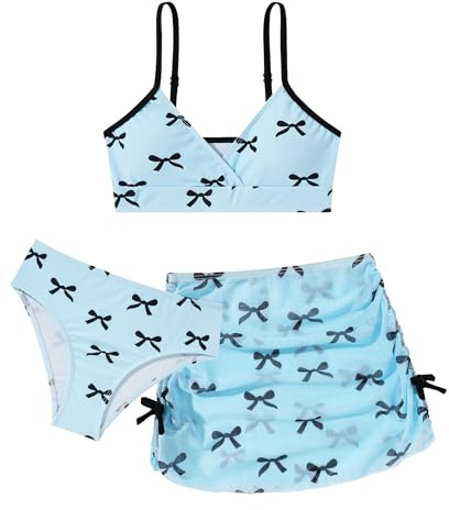SEAUR Girls 3 Piece Swimsuit Floral Bikini Bottoms Set Adjustable Swimming Suit Padded Girls Swimwear Cover Up 8-14 Years
