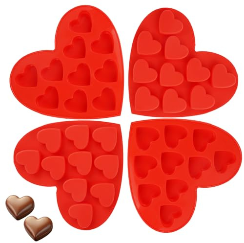 4 Piezas Molde de Corazón Moldes para Caramelos, Pastel Antiadherente Corazones Moldes, Silicona para Chocolate con Forma de Corazón, Molde de Silicona en Forma de Corazón para Cocina, Tortas (Rojo)