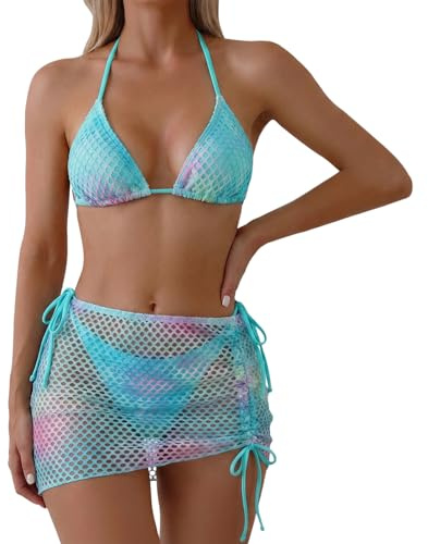 YOSUWOAI Costume da bagno da donna, 3 pezzi, Y2k, bikini con allacciatura al collo, reggiseno + pantaloni bikini + gonna, costume da bagno estivo, costume da bagno per il tempo libero, vestibilità