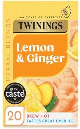 Twinings Tè aromatizzato al limone e zenzero, 20 bustine biodegradabili senza caffeina, con aroma di limone piccante e zenzero piccante, bevanda rinfrescante e lenitiva