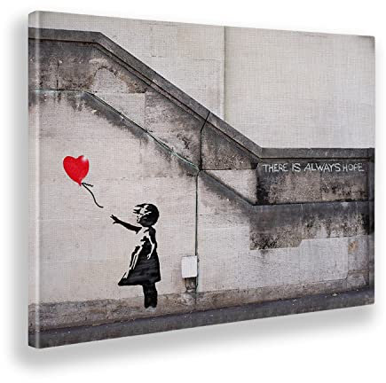Giallobus - Gemälde - Banksy - Rotes Ballonmädchen - Leinwand mit Standardrahmen - 140L x 100l cm - Bereit zum Aufhängen - Moderne Gemälde