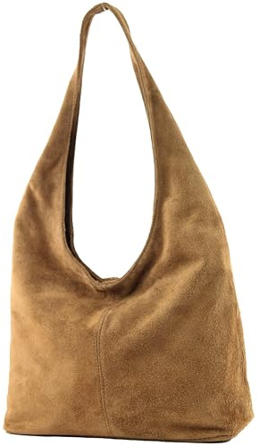 modamoda de T150 Damen Schultertasche Shopper Large aus Wildleder handmade in Italy, Farbe:Cognac