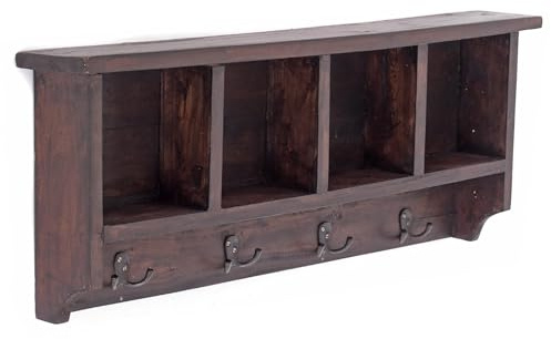 DESIGN DELIGHTS RUSTIKALE WANDGARDEROBE MIT Regal Vintage 70 | 70x27x11cm (BxHxT), Recyclingholz | Kleiderhaken, Garderobenleiste aus Altholz, Used-Look | Farbe: 03 Dunkelbraun