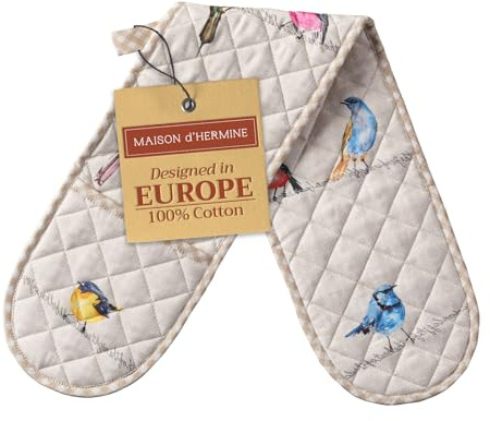 Maison d' Hermine Double Oven Mitts 100% Double Cotton Oven Glove 18 x 89cm | Heat Resistant BBQ Cooking Gloves with Loop Baking Grilling Kitchen Hotel Home Farmhouse Spring Summer - Birdies On Wire