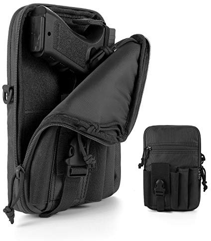 LarKoo Concealed Pistol Pouch Multipurpose Carry Gun Bag Waist Molle Bag Fanny Pack with Pistol Holster in 9 inch Length and Phone Belt Clip Holder for Less than 7 inches Smartphone (Black)…