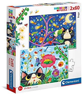 Clementoni 21618 Supercolor Käfer – Puzzle 2 x 60 Teile ab 5 Jahren, buntes Kinderpuzzle mit besonderer Leuchtkraft & Farbintensität, Geschicklichkeitsspiel für Kinder, Mehrfarbig