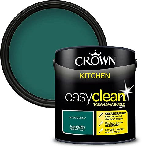 2.5L CROWN Easyclean Kitchen MATT Emulsion Multi Surface Paint With GREASEGUARD+ That can be Used on Walls, Ceilings, Wood and Metal. Stain & Scrub Resistant Formula – Emerald Vision