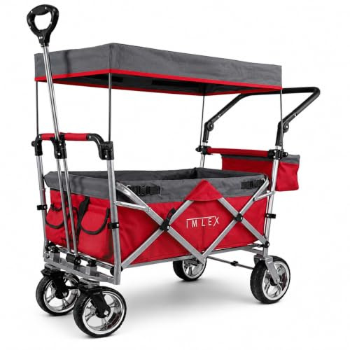 IMLEX XXL Bollerwagen faltbar mit Dach, breite verchromte Räder, Schiebegriff und Zugstange, 3-Punkt-Gurtsystem, Bremsen, klappbare Hecktasche, Taschen und Schutzhülle IM-4268 Rot