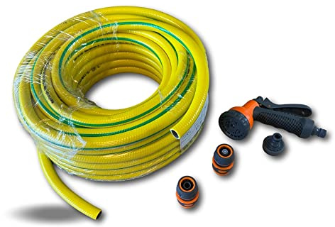 Kibros Tuyau arrosage anti-UV 4 couches Ø 15 mm 25 m + kit douchette | 4 couches 3 PVC + 1 fibre textile, Ø 15 mm, 200g/m, résiste UV températures, livré avec kit douchette pistolet.