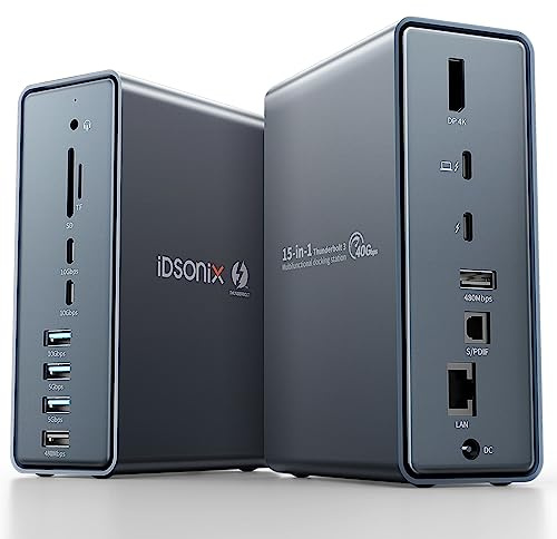 Station d'Accueil iDsonix Thunderbolt 3 16 en 1 - Double Moniteur 4K@60Hz, 2 Ports USB C (10 Gbps), 6 USB A, Ethernet, Audio, SD/TF, DP, HDMI 4K pour Mac