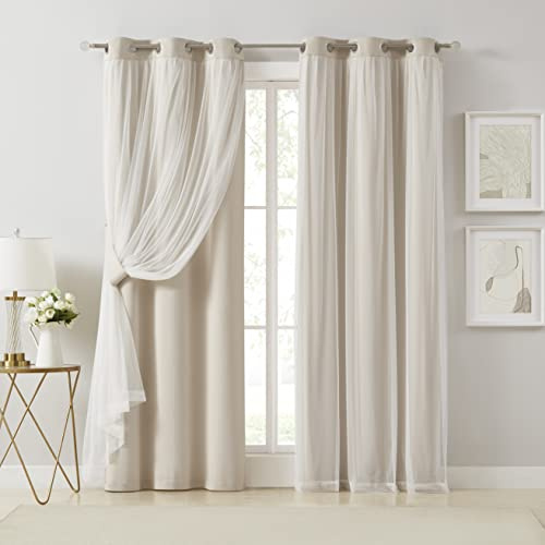Bujasso Beige 90% Verdunkelungsvorhänge mit durchscheinender Overlay, doppellagig, wärmeisoliert, Fensterpaneele, 213.4 cm, für Wohnzimmer, Schlafzimmer, Ösen oben, 94 cm Bx240 cm Lx2 cm