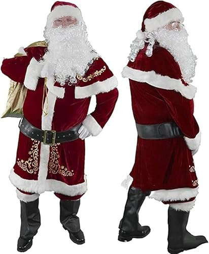 NAIQIALUO 8 PCS Santa Suit Men Costume Santa Claus father christmas costume adult christmas fancy dress costumes Deluxe Velvet santa claus costume X-Large