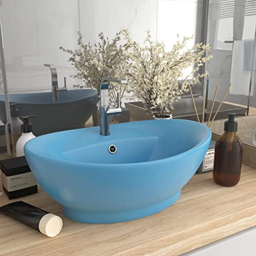 HOMIUSE Lavabo Ovale à Trop-Plein Bleu Clair Mat 58,5x39 Cm CéRamique Vasque à Poser Salle de Bain Lavabo Salle de Bain Lavabo Wc Mains Lavabo à Poser Sur Meuble Trou de Robinet Lavabo sur Table
