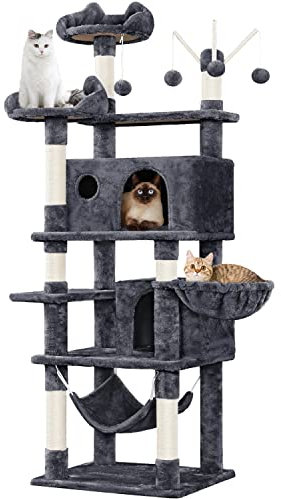 Yaheetech Cat Tree for Indoor Cats, Large Cat Tower Cat Scratching Post Multi-Level Cat Condo Play House Climbing Tree with 3 Removable Cat Teaser Sticks, Hammock, Basket, Cat Furniture Dark Grey