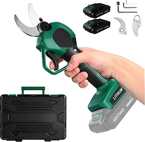 Froadp Elektrische Baumschere mit Wiederaufladbarer 3000mAh Akku Schnurlose Garten Astschere inkl. Ersatz-Schneidekopf, Ladegerät, Abziehstein & Tragbare Plastikbox Gartenschere für Äste Blumenbeete