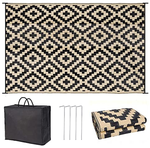 JYHCD Extra Groß Außenteppich 270X360cm Outdoor Teppich Wetterfest Terrasseteppich Kunststoffteppich Faltbare Picknickdecke Polypropylen Teppiche Für Garten Strand Balkon Deck,Black+beige